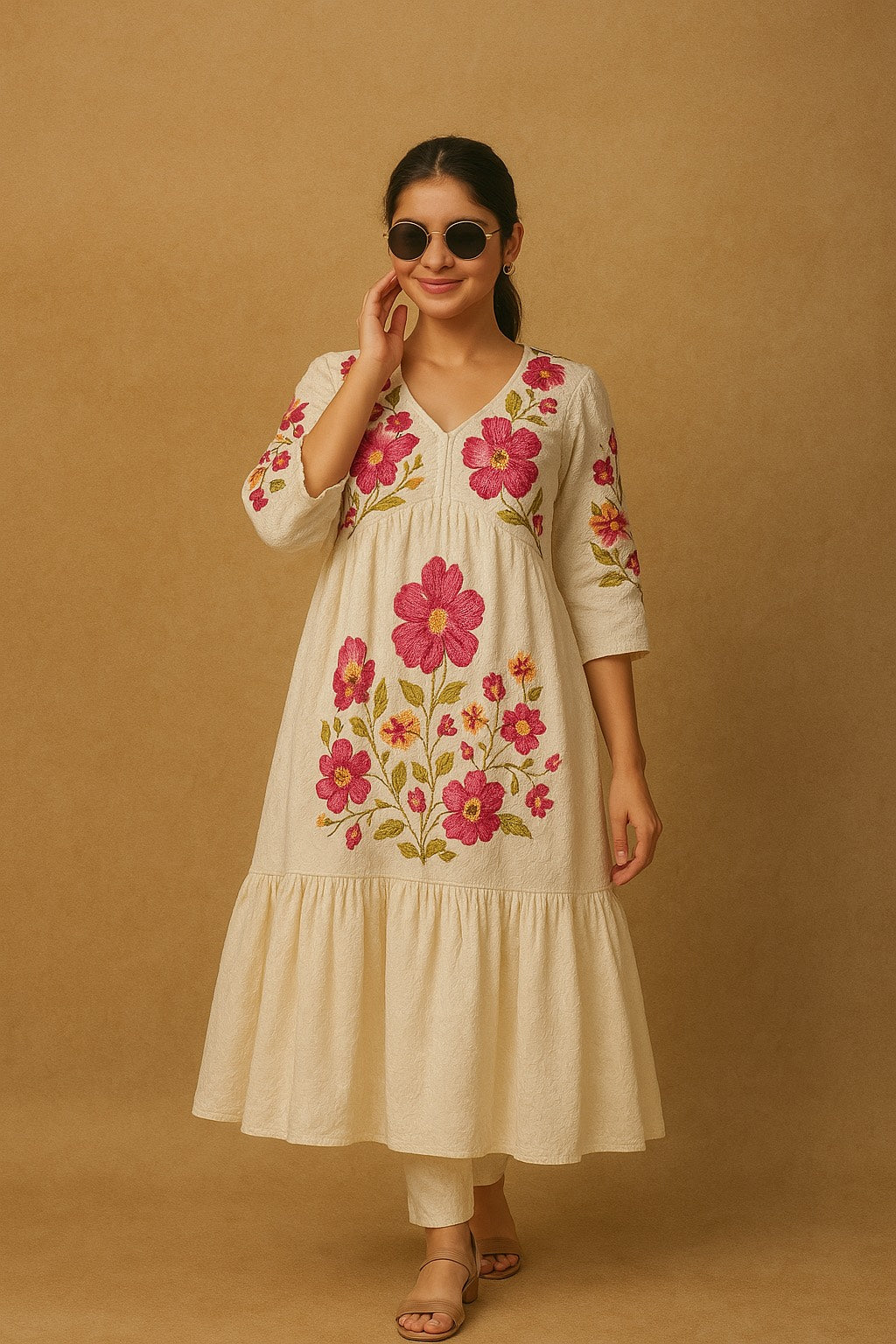 Ivory Cotton Kurta with Bold Floral Embroidery